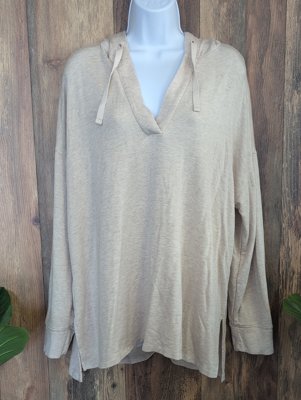 LOFT Light Beige V-Neck Hooded Lightweight Pullover Oversized Sweatshirt XL W291